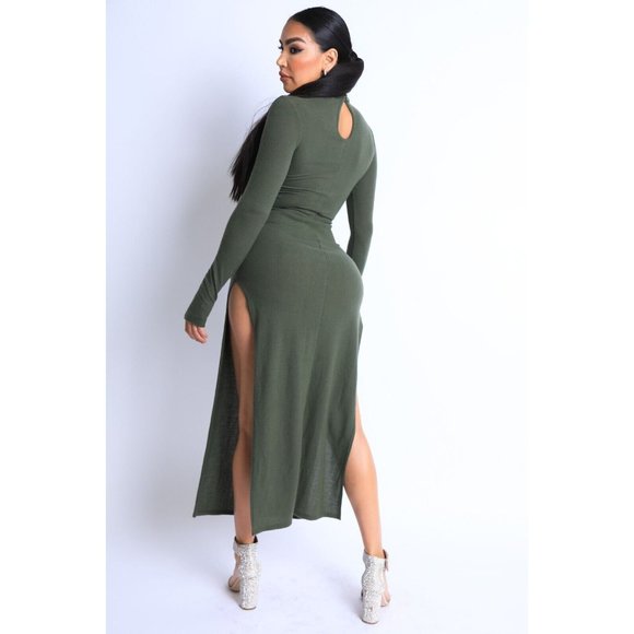 Women's Hacci Mock Neck Long Sleeves Double Slits Maxi Dress Olive S M L - Picture 3 of 10